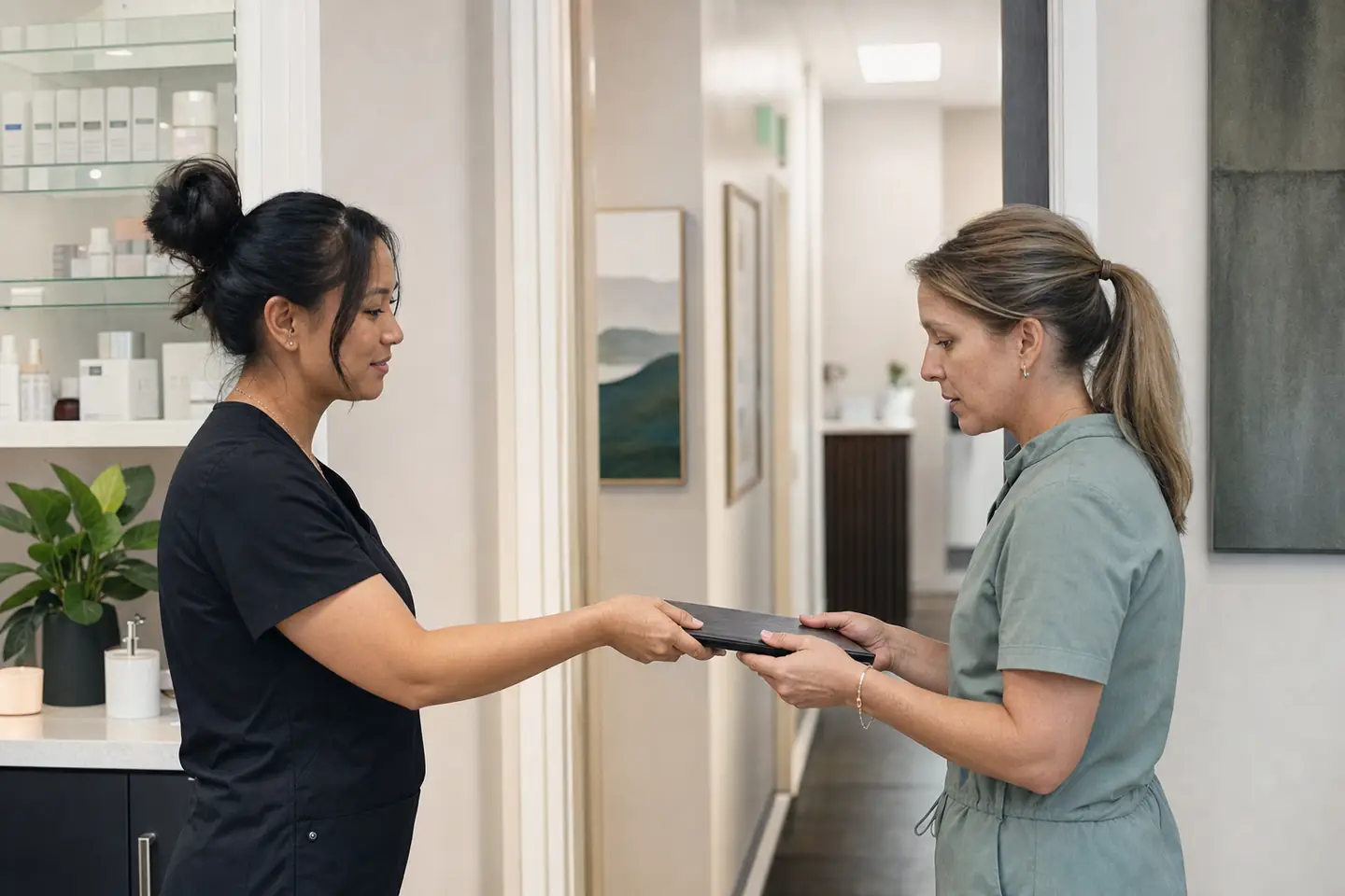 A clinic coordinator handing a complete intake summary to a provider