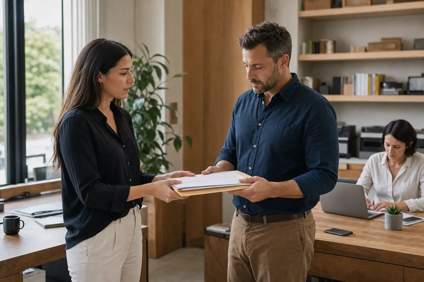 An office coordinator handing a complete work packet to a team lead