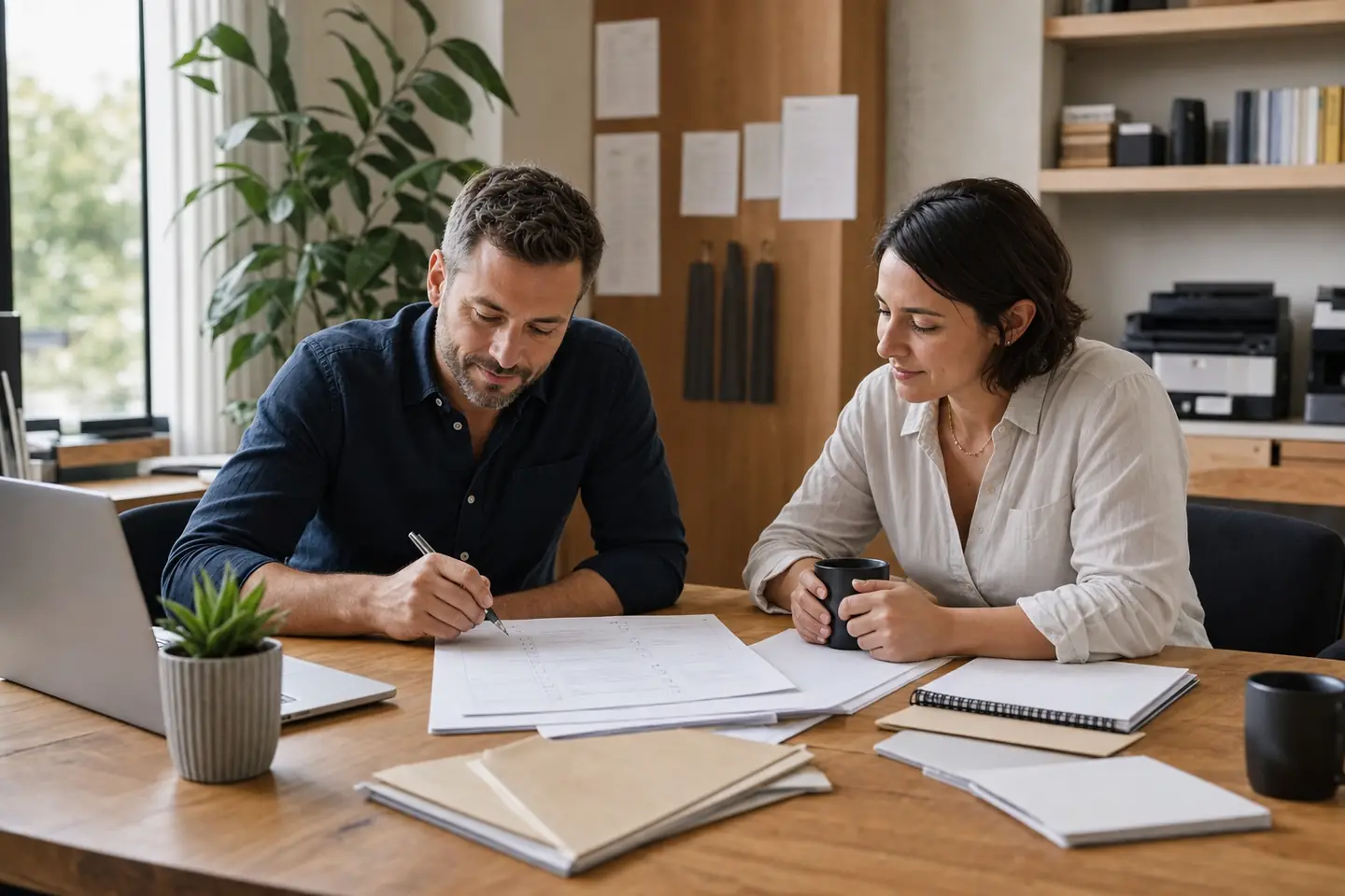 Two coworkers reviewing a completed recurring work packet