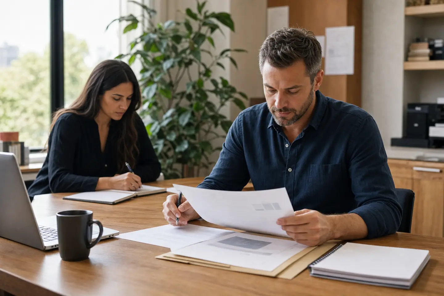 A project lead reviewing a prepared brief before a meeting